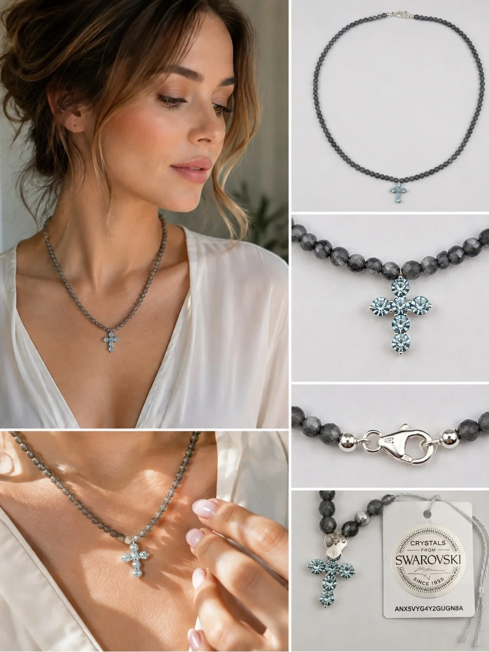 Vintage NOS 925 Sterling Silver Swarovski Crystal Cross Gray Beaded Necklace